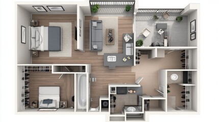 A 3D drawing of a floor plan showing a bedroom, kitchen, living room, and bathroom.