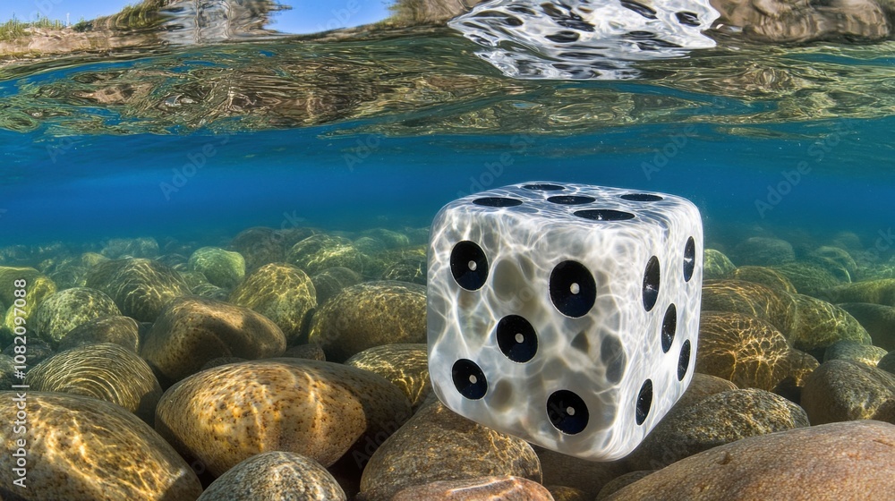 Poster underwater perspective of a transparent dice cube surrounded by colorful stones in a calm aquatic en