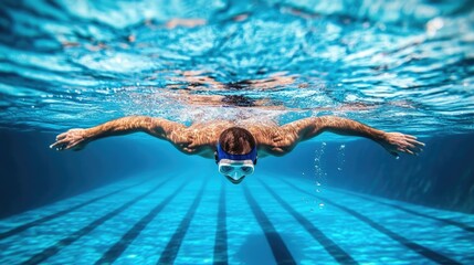 Swimmer in a diving position underwater, streamlined and focused, with water ripples forming around them