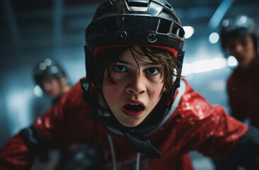 Young hockey player focused and determined on the ice, showcasing passion for the sport with teammates in the background.
