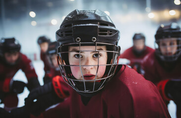 Young hockey player focused and prepared for the game in a dramatic team setting, showcasing determination and teamwork.