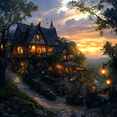 Fototapeta premium Illustration of Tavern at Sunset Fantasy Landscape