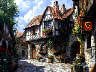 Fototapeta premium Illustration of Quaint Medieval Village Street with Flowers and Stone Houses