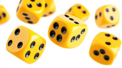 Yellow Dice Floating in Mid-Air, Displaying Various Faces and Black Dots Against a Clean White Background for Vibrant and Playful Visual Appeal