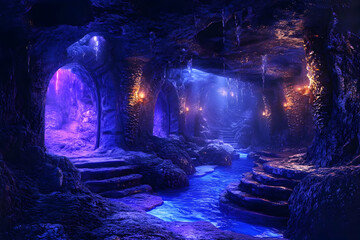 Illustration of Magical Cave River, Blue, Purple, Light
