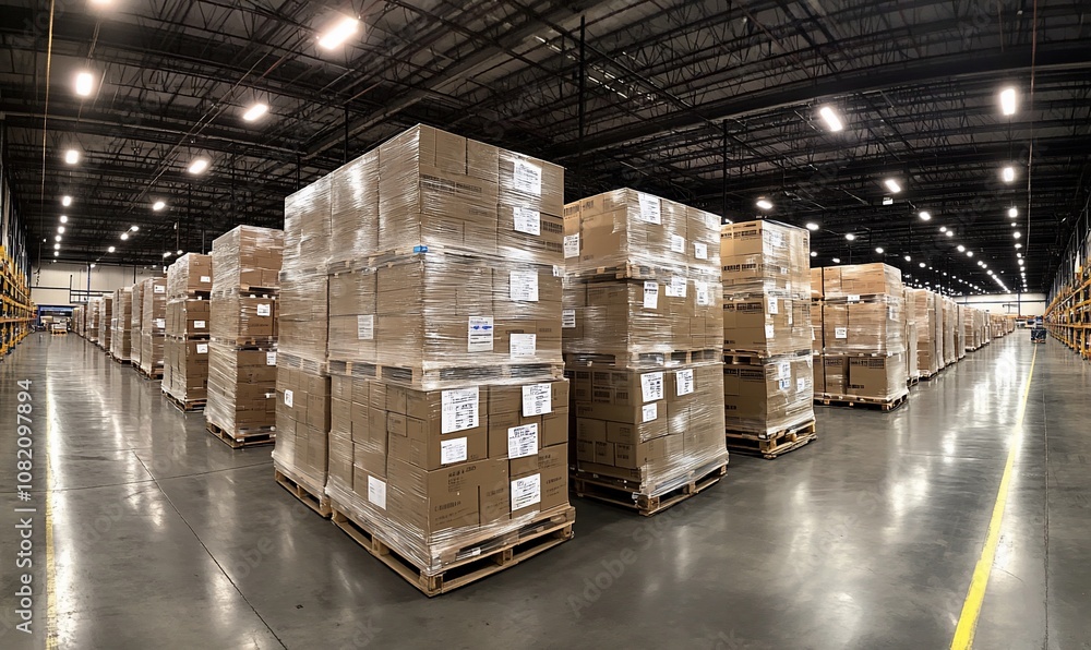 Poster a wide shot of a large warehouse filled with stacked cardboard boxes on pallets.