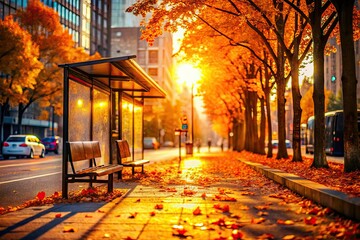 Fallen leaves scatter around a cozy bus stop, bathed in warm light; urban vibes intertwine, making it a picturesque scene for autumn candid photography.