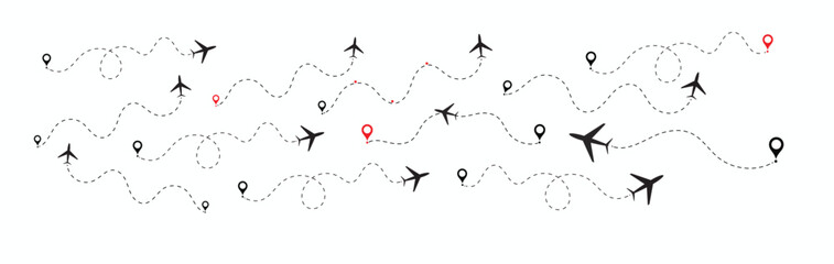 Airplane Route Dotted Line. Airplane line path route travel vector concept. Travel path icon set. Location for travel, dotted road  map with destinations. Vector illustration EPS 10
