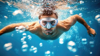 Swimmer reaching the pool wall underwater, about to make a turn, focused and surrounded by bubbles