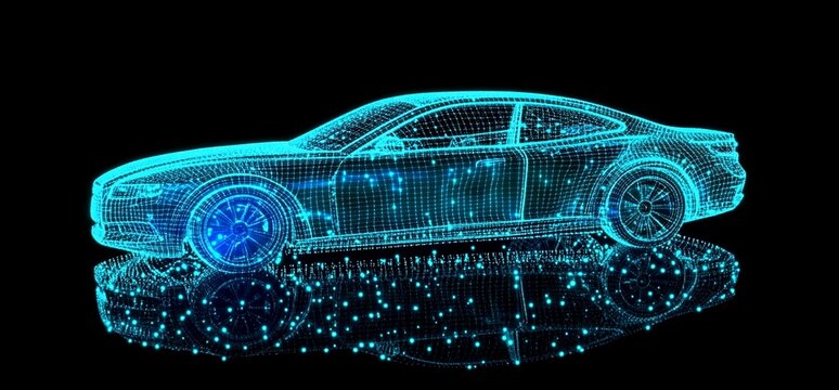 A wireframe digital car with glowing blue lines and dots, rendered on a black background with reflection.