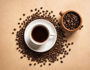 Naklejka premium Hot coffee with coffee beans and powder isolated background