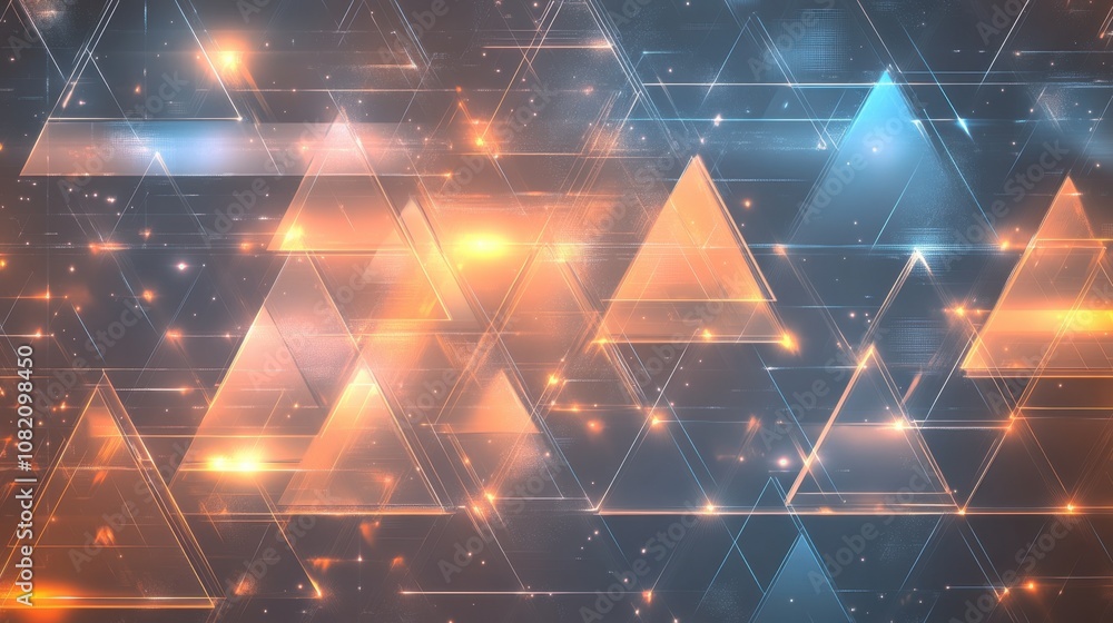 Poster abstract geometric background with triangles and sparkling lights in blue and orange tones for use i