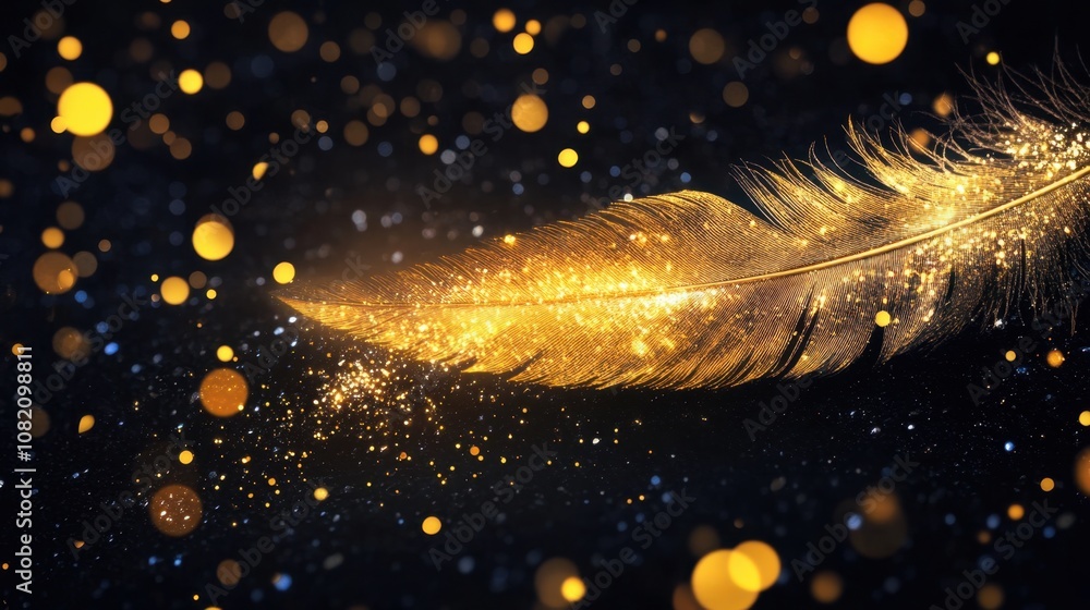 Poster elegant golden feather gliding through a sparkling backdrop with shimmering lights creating an encha