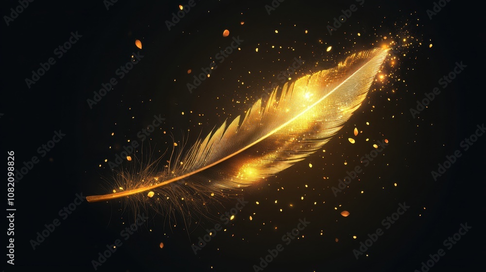 Aufkleber shimmering golden feather floating in dark space with sparkling lights and glowing particles creatin