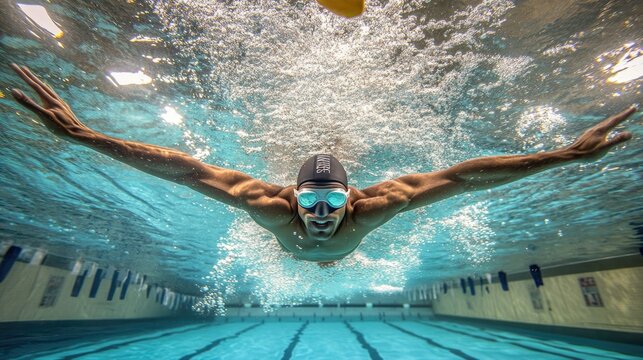 Underwater shot of a swimmer performing the butterfly stroke, arms wide and body arched, with powerful energy