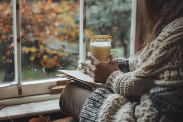 Relaxing by the window with a comforting oat smoothie and a favorite book on a chilly day