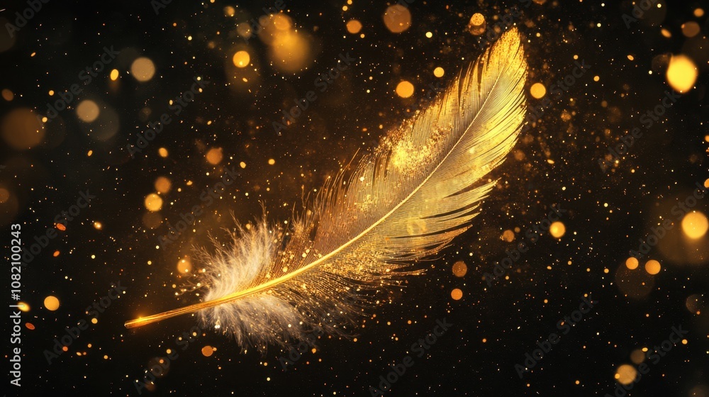 Poster golden feather on dark background surrounded by sparkling glitter particles creating an elegant and 