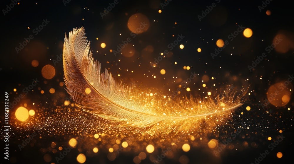 Aufkleber elegant golden feather gracefully floating amidst a dreamy background filled with shimmering particl