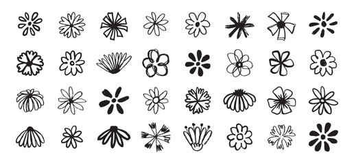 Flowers grunge brush doodle blossom icons set. Flowers Scribble ink hand drawn brush. Chamomile flowers markers crayons icons 