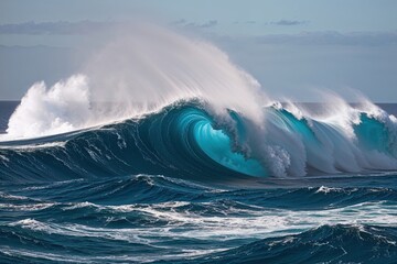 Stunning Ocean Waves Crashing in Deep Blue Water with Refreshing Spray