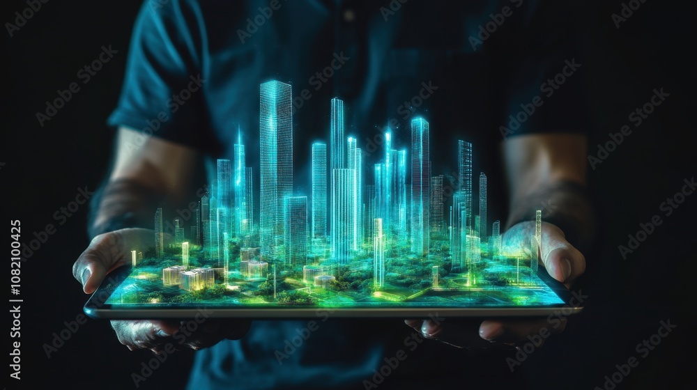 Aufkleber futuristic urban development visualization with hands holding digital tablet showing 3d smart city m