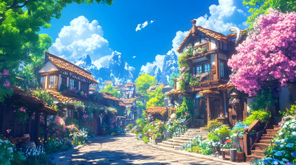 Obraz premium Illustration Charming Village Flowers Spring Anime Scenery