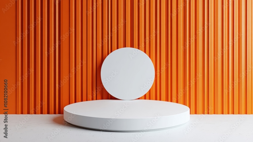 Poster minimalist display with circular and round platforms on a vibrant orange striped background for prod