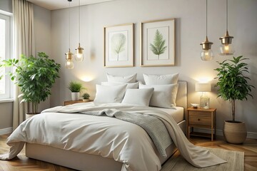 Inviting bedroom scene showcases white bedding and a duvet, fostering a warm atmosphere with a mockup poster frame on the wall, ideal for decor inspiration.