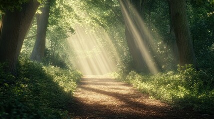 Obraz premium Sunbeams Illuminating a Path Through a Dense Forest