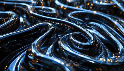 Psychedelic black backdrop with chrome shapes, bright light reflections