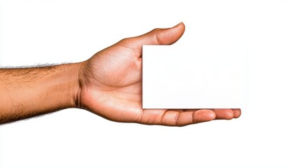 Obraz premium A photostock of a hand holding a blank white card on isolated on transparent PNG background, High Quality.
