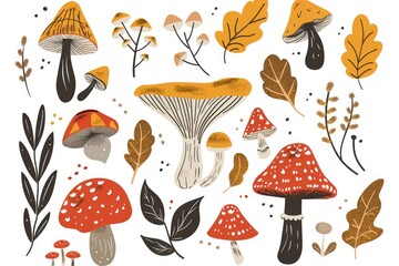 Collection of mushrooms and leaves on a white background