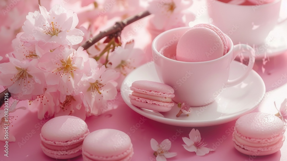 Aufkleber a cup of coffee and assorted macarons on a table, perfect for a morning pick-me-up or afternoon trea