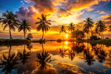 Obraz premium Mesmerizing silhouette of a tropical paradise at sunset, featuring golden reflections on the waterâ€”perfect for nature admirers and travel enthusiasts looking for beauty.