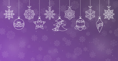 Hand drawn decoration vintage christmas baubles, snowflake set purple background. Abstract retro christmas balls collection to use for christmas card, xmas, winter holiday, new year projects. 