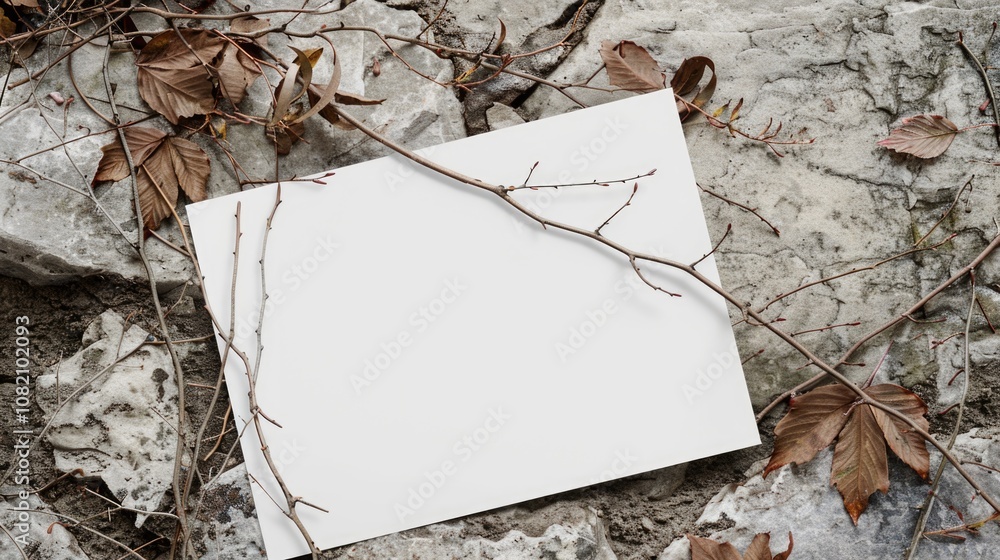 Poster a single sheet of white paper rests on the surface of a rock, creating a simple yet striking scene