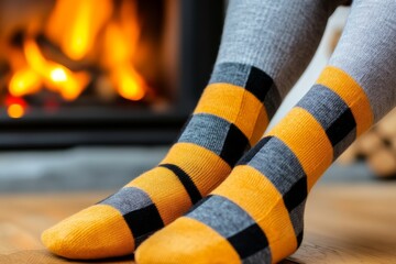 Pair of feet in woolen socks by the fireplace, wearing plaid slippers
