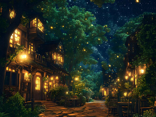 Fototapeta premium Illustration of Enchanting Village Night, Cozy Street, Warm Lights