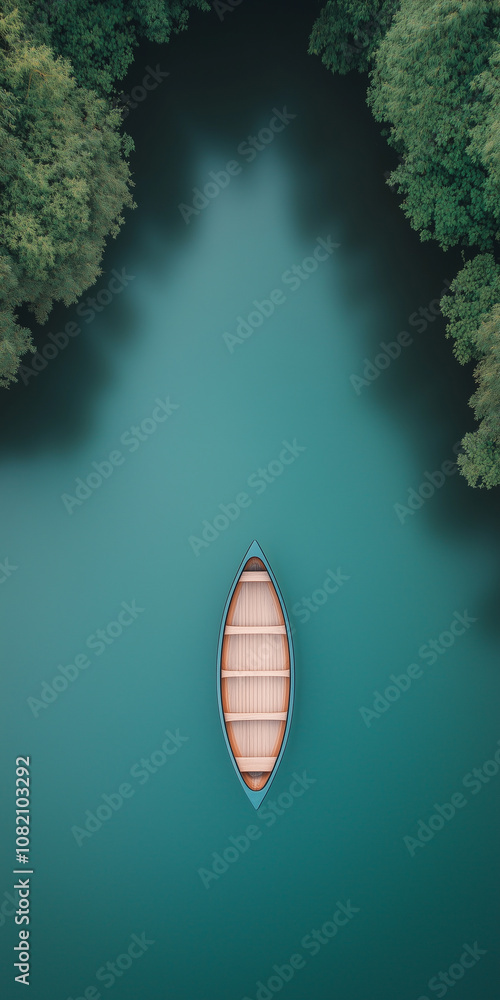 Aufkleber an aerial view of a small boat floating on a lake with trees in the background