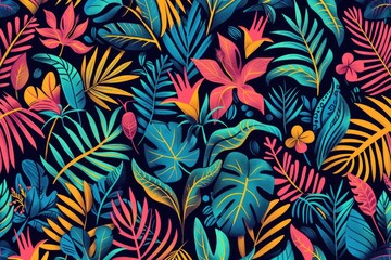 A pattern of vibrant tropical leaves and flowers against a dark, contrasting black background