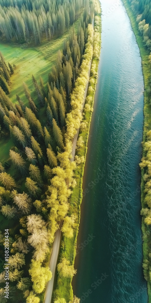 Poster an aerial view of a river with trees on either side