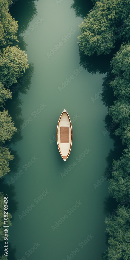 Poster An aerial shot of a small boat is floating on a river with trees in the background