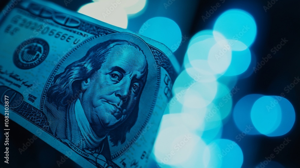 Poster close-up of a $100 bill with a blue bokeh background.