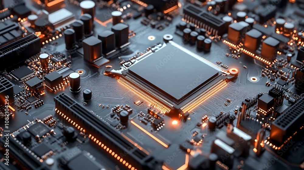 Poster close-up of a computer motherboard with a cpu chip in the center, glowing with orange light.