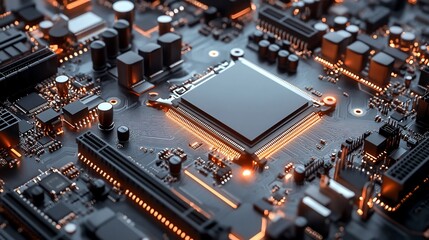 Close-up of a computer motherboard with a CPU chip in the center, glowing with orange light.
