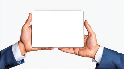 A photostock of a blank white screen tablet framed by a hand holding it on isolated on transparent PNG background, High Quality.