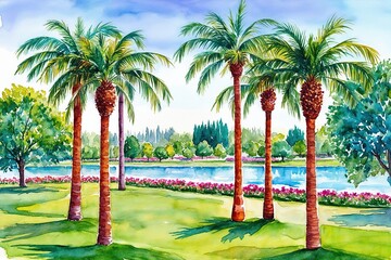 Fototapeta premium Vibrant Spring Watercolor Painting of Blooming Palm Trees in Scenic Park with Lake View