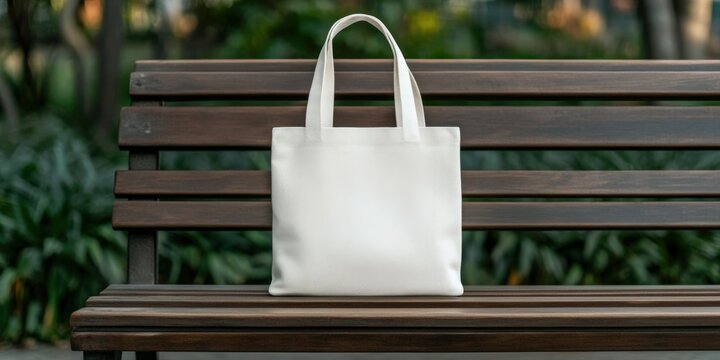 A white tote bag resting on a wooden bench in a serene park setting - Powered by Adobe