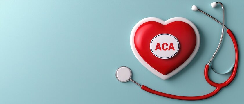Affordable care act reform concept. A heart-shaped design with "ACA" at the center, accompanied by a red stethoscope, symbolizing health care and wellness.