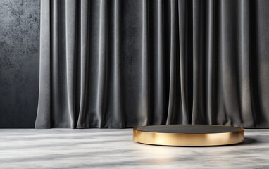 A minimalist stage with black curtains and a circular platform.